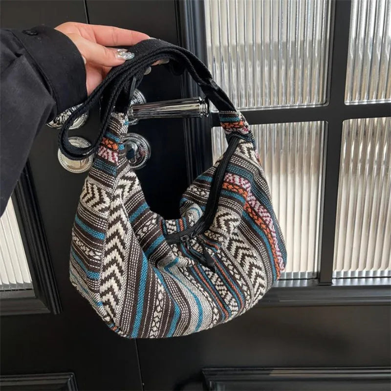 Tribal Style Shoulder Bag, Foldable Crossbody with Zipper Closure, Striped Pattern, Edge Painted Lining