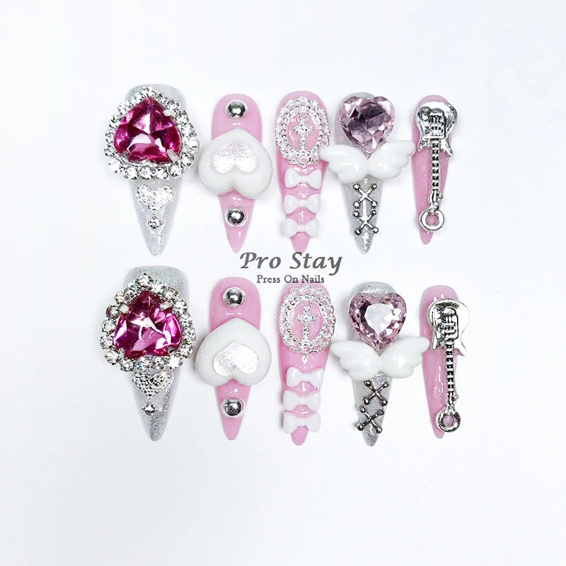 10pcs Dark black Y2k Hot Girl Handmade Press On Nails Sweet Cool  With Diamond Metal Decoration Wearable Artificial False Nail