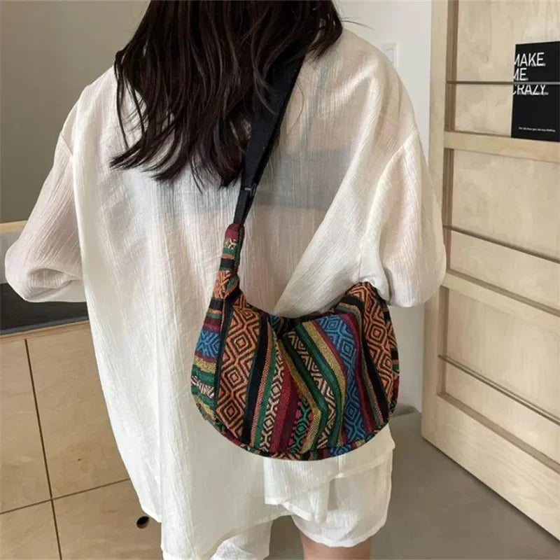 Tribal Style Shoulder Bag, Foldable Crossbody with Zipper Closure, Striped Pattern, Edge Painted Lining