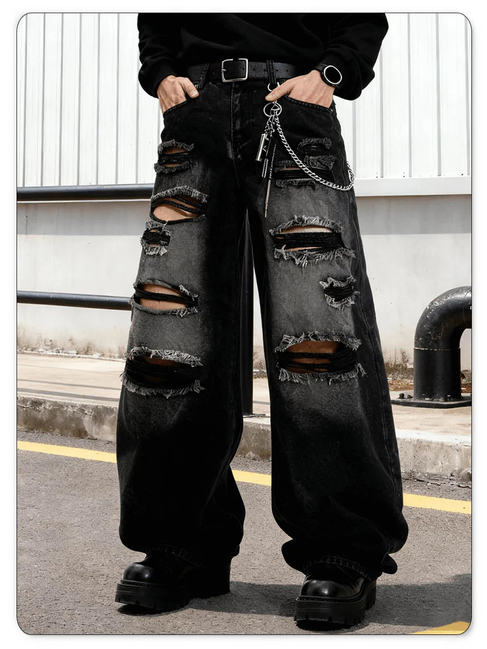 American Street Retro Men's Black Baggy Wide Leg Ripped Jeans Gothic Tear Style Unisex Loose Straight Leg Denim Pants Clothes