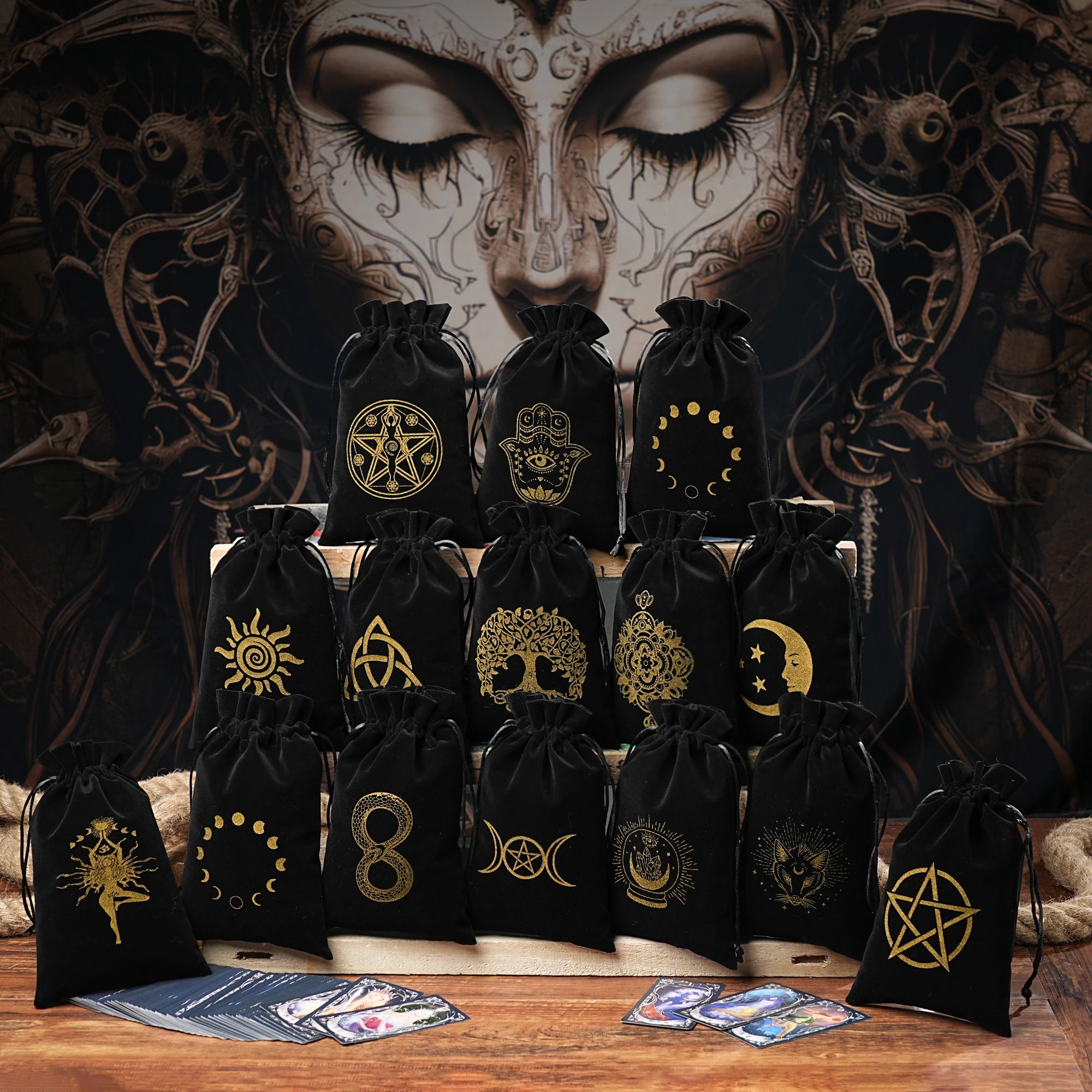 15/1pcs 14x22cm Black Velvet Moon Phase Tarots Cards Storage Bag Jewelry Pouch Travel Cosmetic Gift Bag Hand bag Coin Dice bag