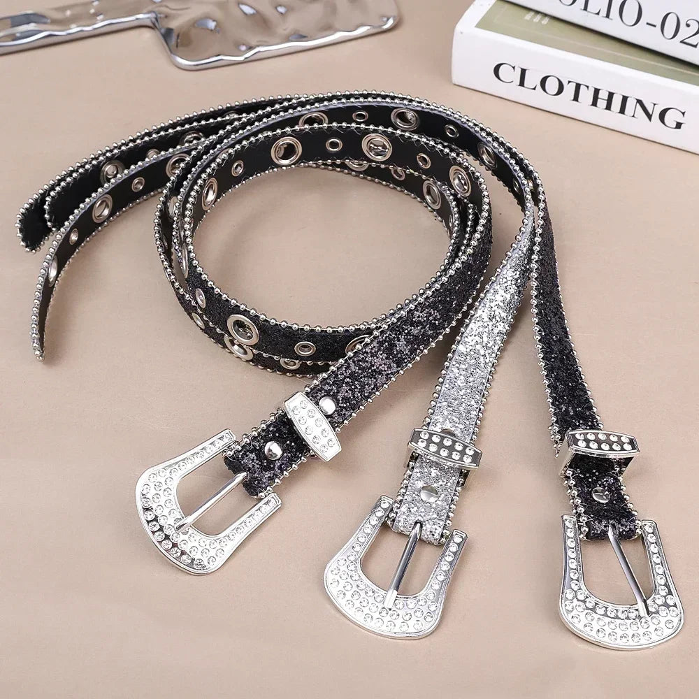 Y2K Fashion Punk Studded Full Rhinestone Belt PU Leather Bling Crystal Adjustable Glitter Waistband for Club Party Girls Gifts