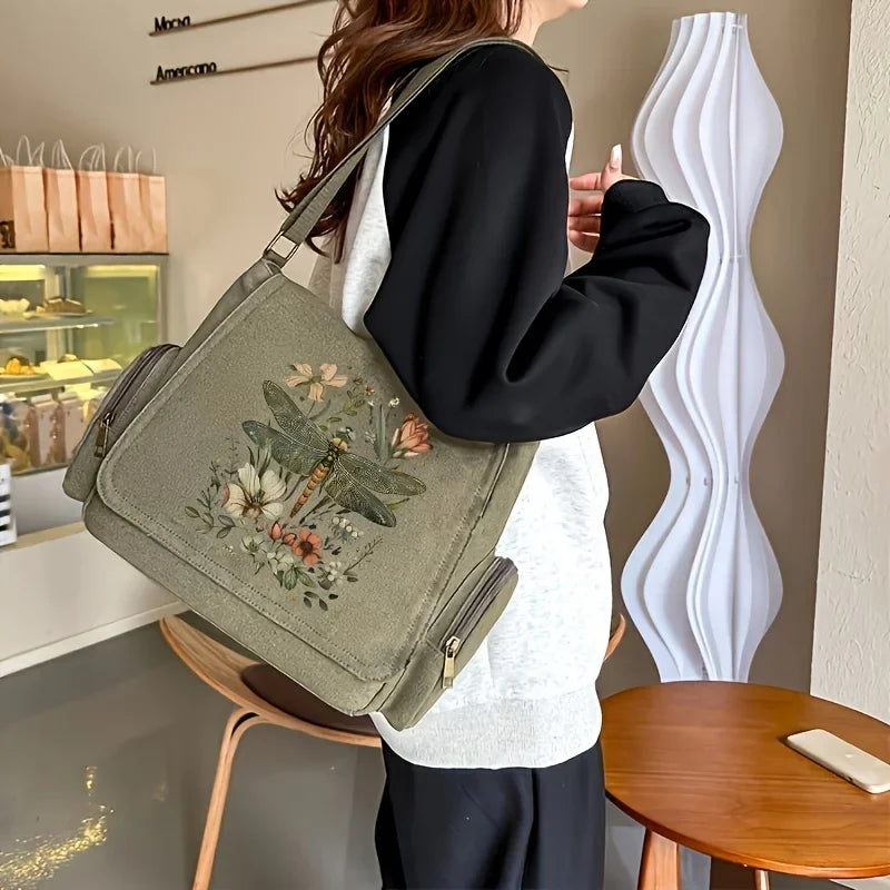 Stylish Artistic Dragonfly Print Women's Shoulder Bag Large Capacity Crossbody Messenger Bag For Women Commuting