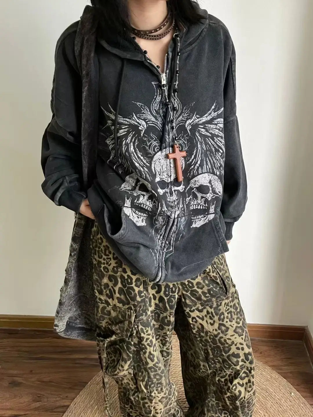 Y2K Mens Goth Style Designer Clothes Techwear Skull Print Cotton Hoodies Men Women Vintage Black Zip Up Hoodie Hooded Sweatshirt