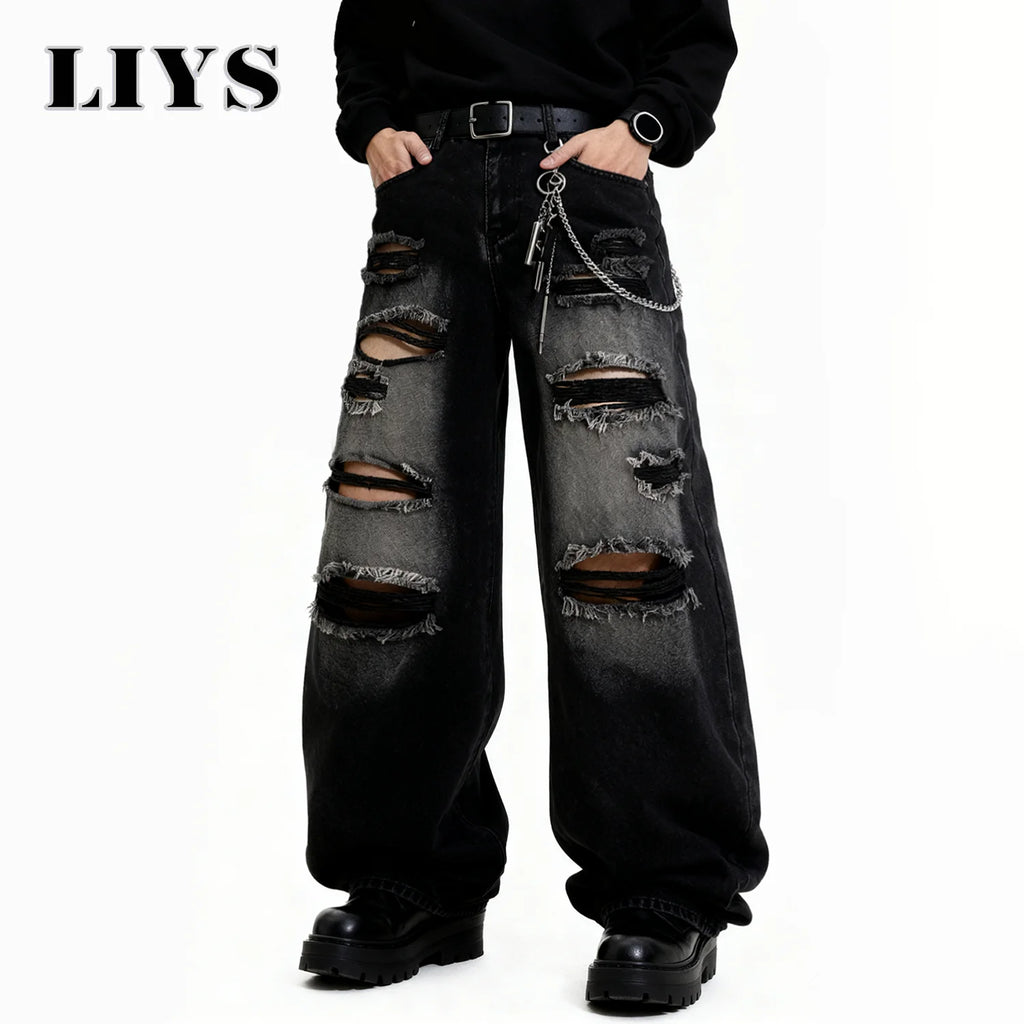American Street Retro Men's Black Baggy Wide Leg Ripped Jeans Gothic Tear Style Unisex Loose Straight Leg Denim Pants Clothes