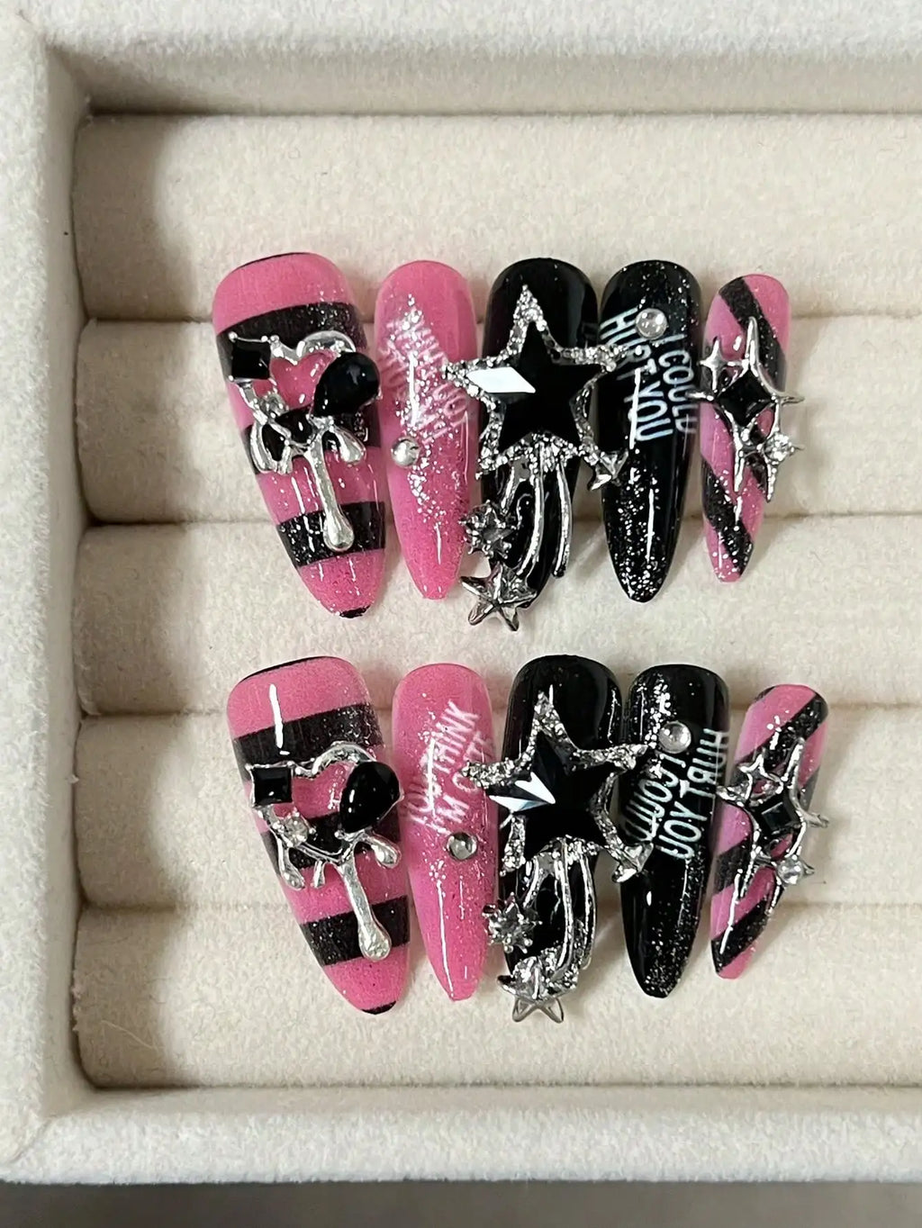 10 Pieces Of Long Water Drop Almond Tip Nails Handmade European And American Hot Girl Striped Nail Art Sequins Fine Glitter