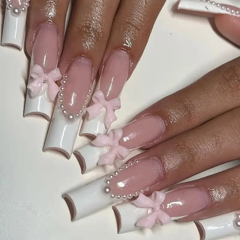 24Pcs Long Coffin French False Nails with Glue Bow Diamond Stick on Press on Acrylic Nails Black Ballerina Nail Art Manicure Tip