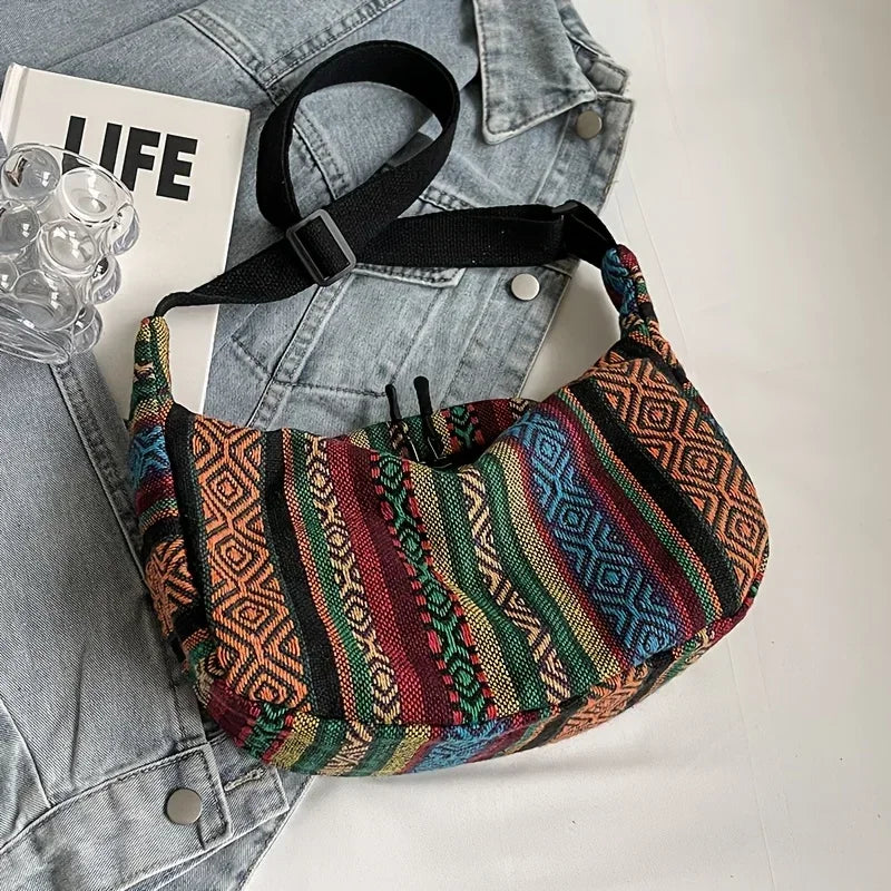 Tribal Style Shoulder Bag, Foldable Crossbody with Zipper Closure, Striped Pattern, Edge Painted Lining