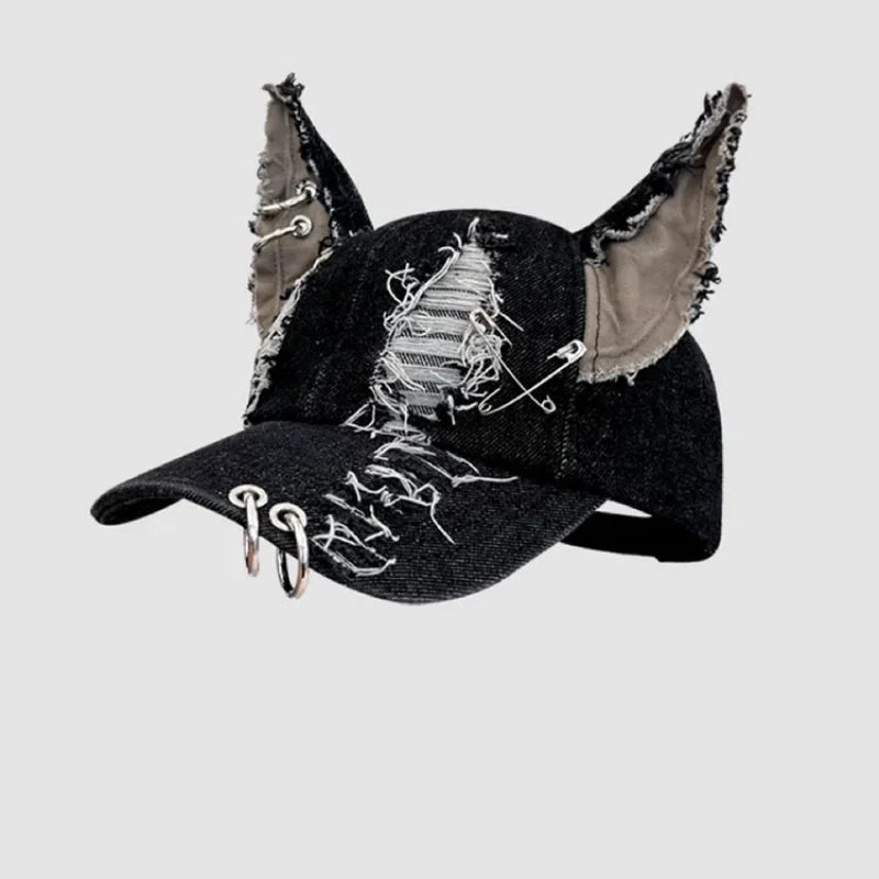 2026 New Y2k Rabbit Ears Denim Ripped Baseball Cap Men and Women Dark Personality Metal Ring Street Trend Adjustable Cosplay Hat