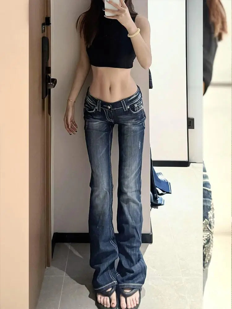 Women's Y2K Gothic Embroidery Hot Diamonds Denim Pants Harajuku Retro Hip Hop Low Waist Jeans Fashion Hot Girl Straight Jeans