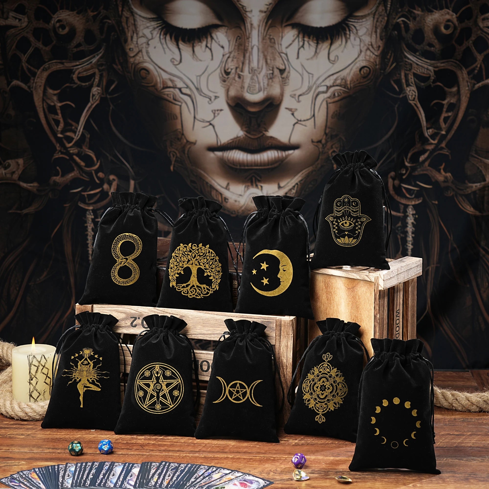 15/1pcs 14x22cm Black Velvet Moon Phase Tarots Cards Storage Bag Jewelry Pouch Travel Cosmetic Gift Bag Hand bag Coin Dice bag