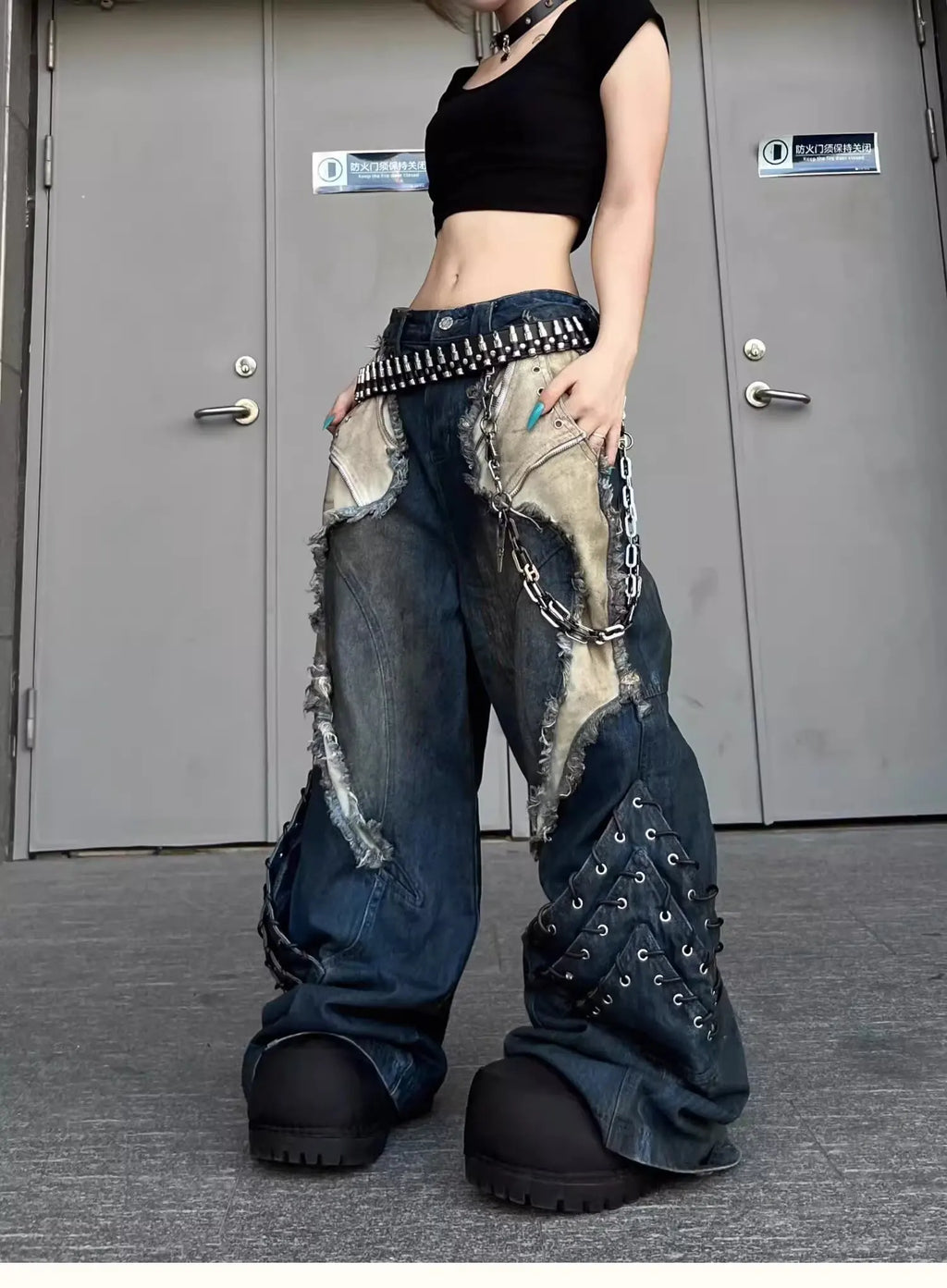 Vintage Patchwork Distressed Jeans Hip Hop Loose Wide Leg Cargo Pants Women's Washed Distressed Denim Trousers