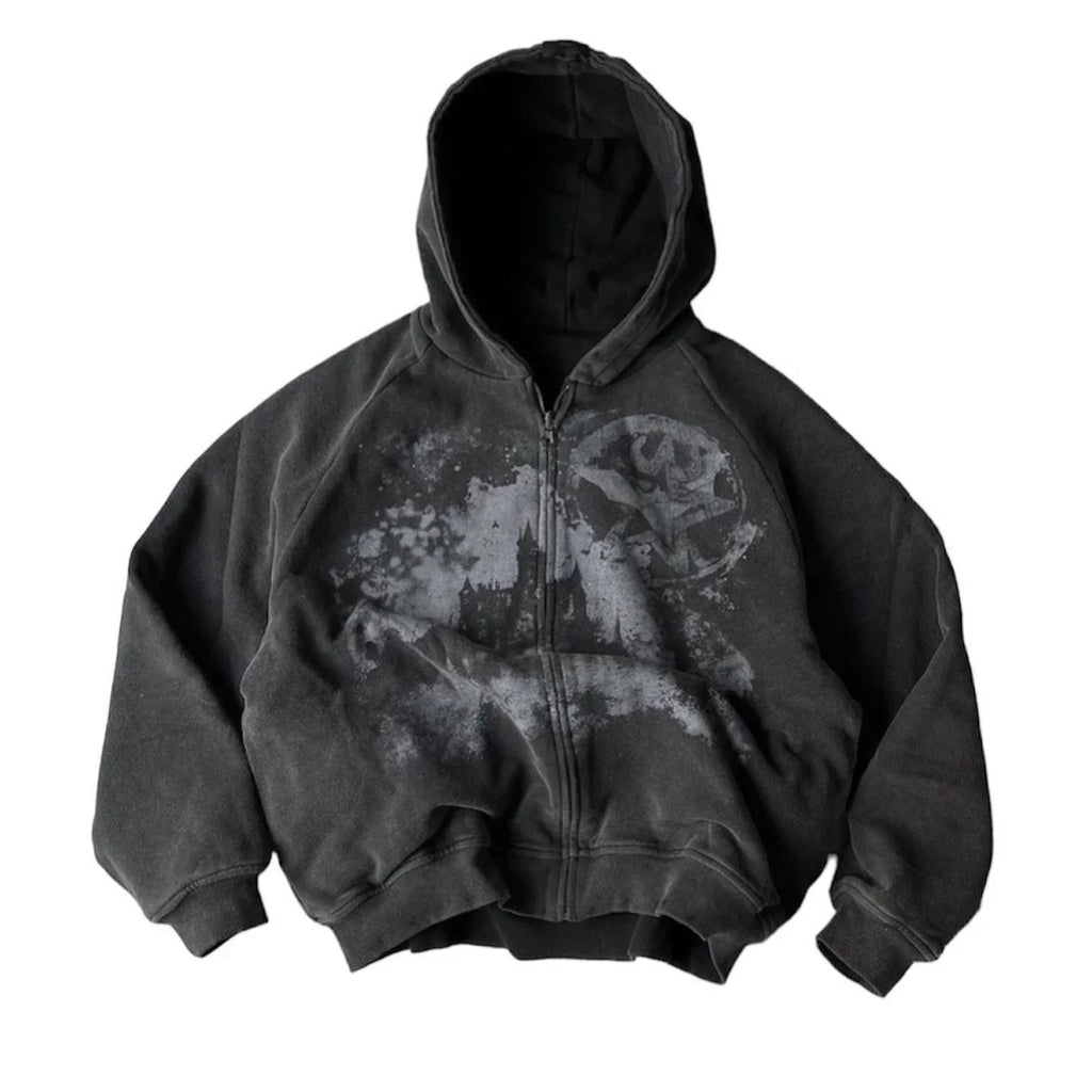 Y2k Gothic Punk Style Printed Star Spot Embroidered Zipper Hoodie Men and Women Fashion Harajuku Retro Oversized Bat Sleeve Top