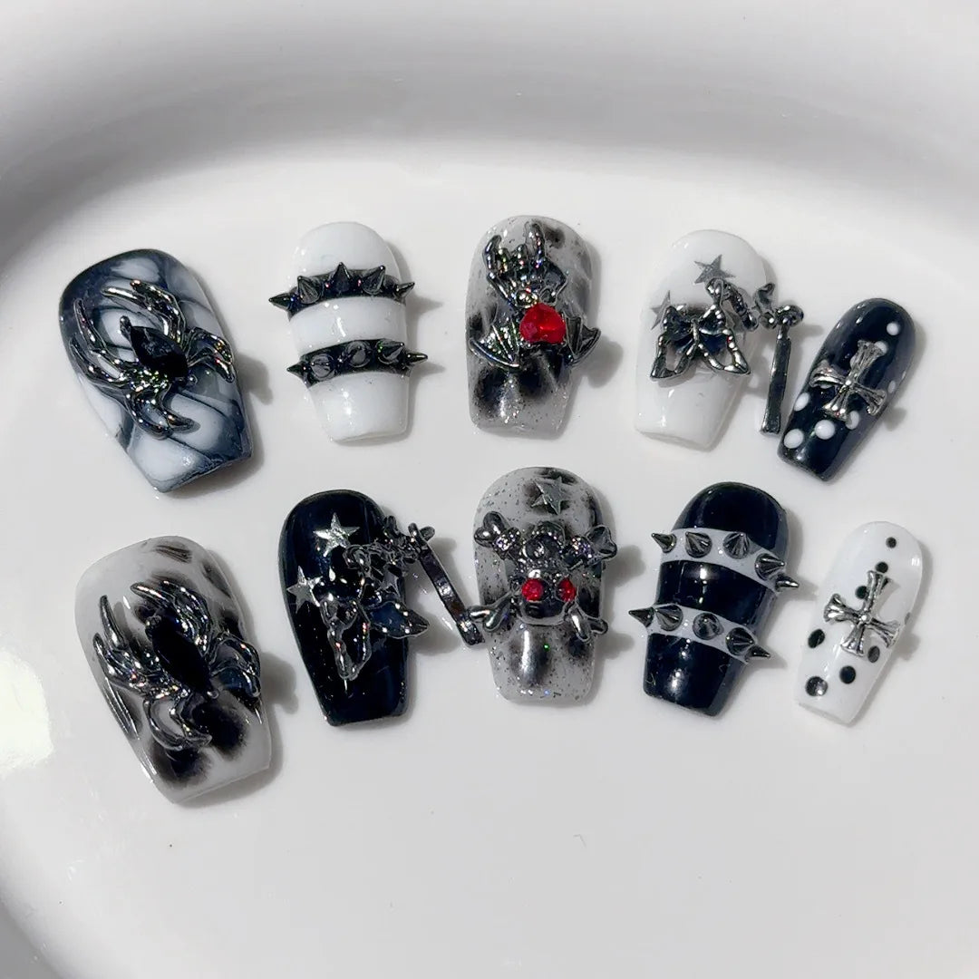 New 10pcs Handmade Gothic Press on Nails Halloween Spider Design Fake Nail Tips Wearable European Heavy Metal Y2k False Nails