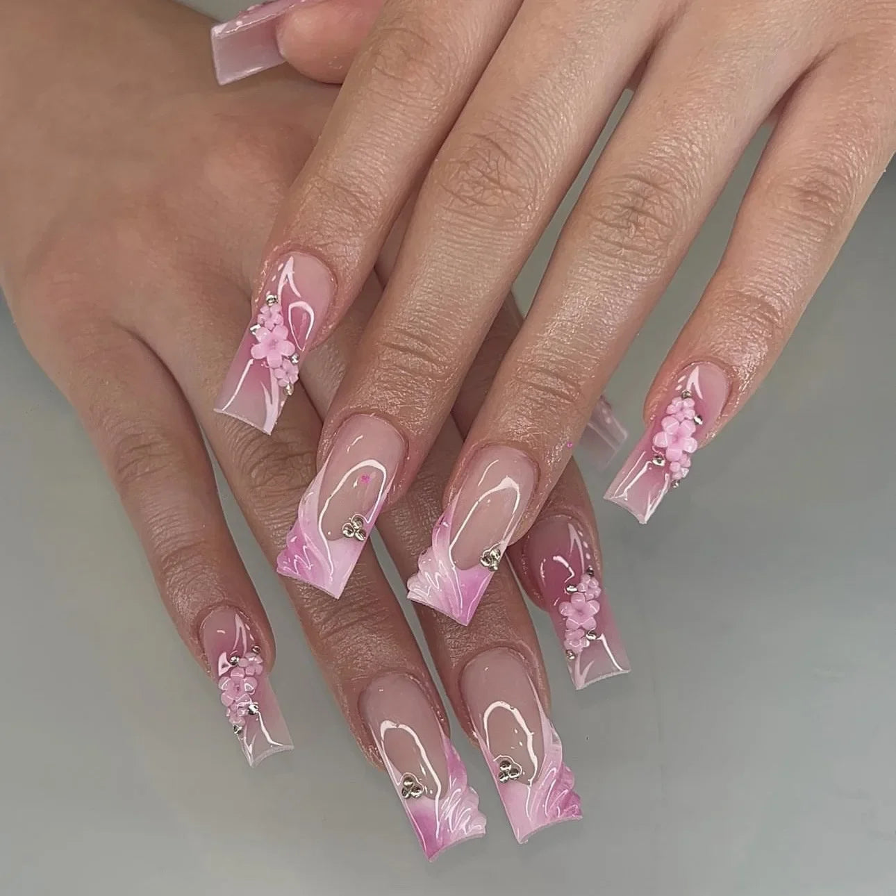 24Pcs Long Coffin French False Nails with Glue Bow Diamond Stick on Press on Acrylic Nails Black Ballerina Nail Art Manicure Tip