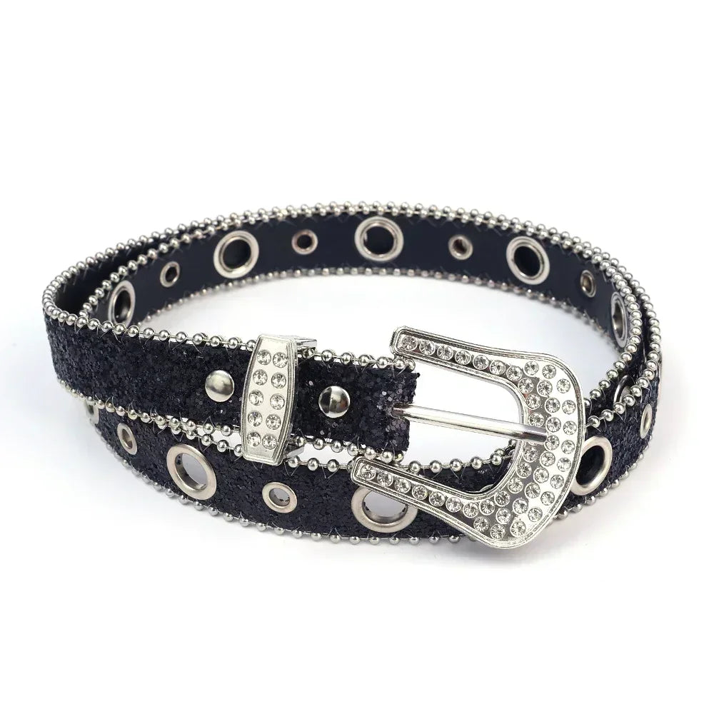 Y2K Fashion Punk Studded Full Rhinestone Belt PU Leather Bling Crystal Adjustable Glitter Waistband for Club Party Girls Gifts