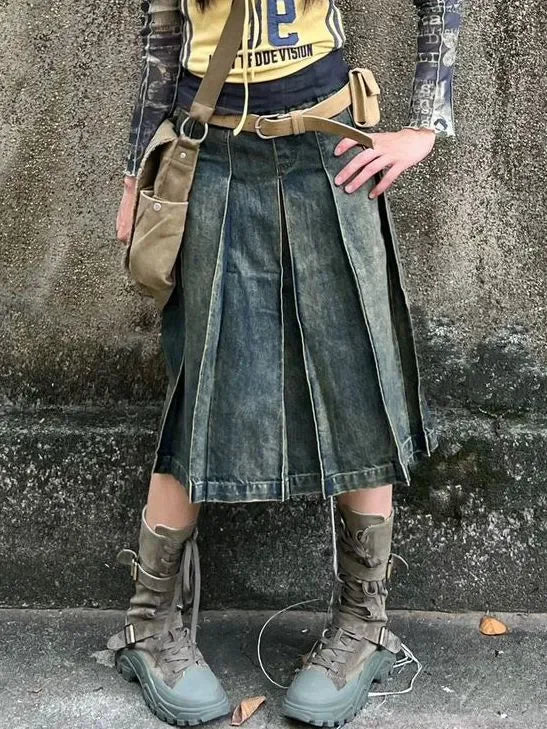 American Style Gothic Denim Skirts Women Streetwear Y2k High Waisted Vintage A- Line Middle Long Dress Trendy Fashionable Skirts