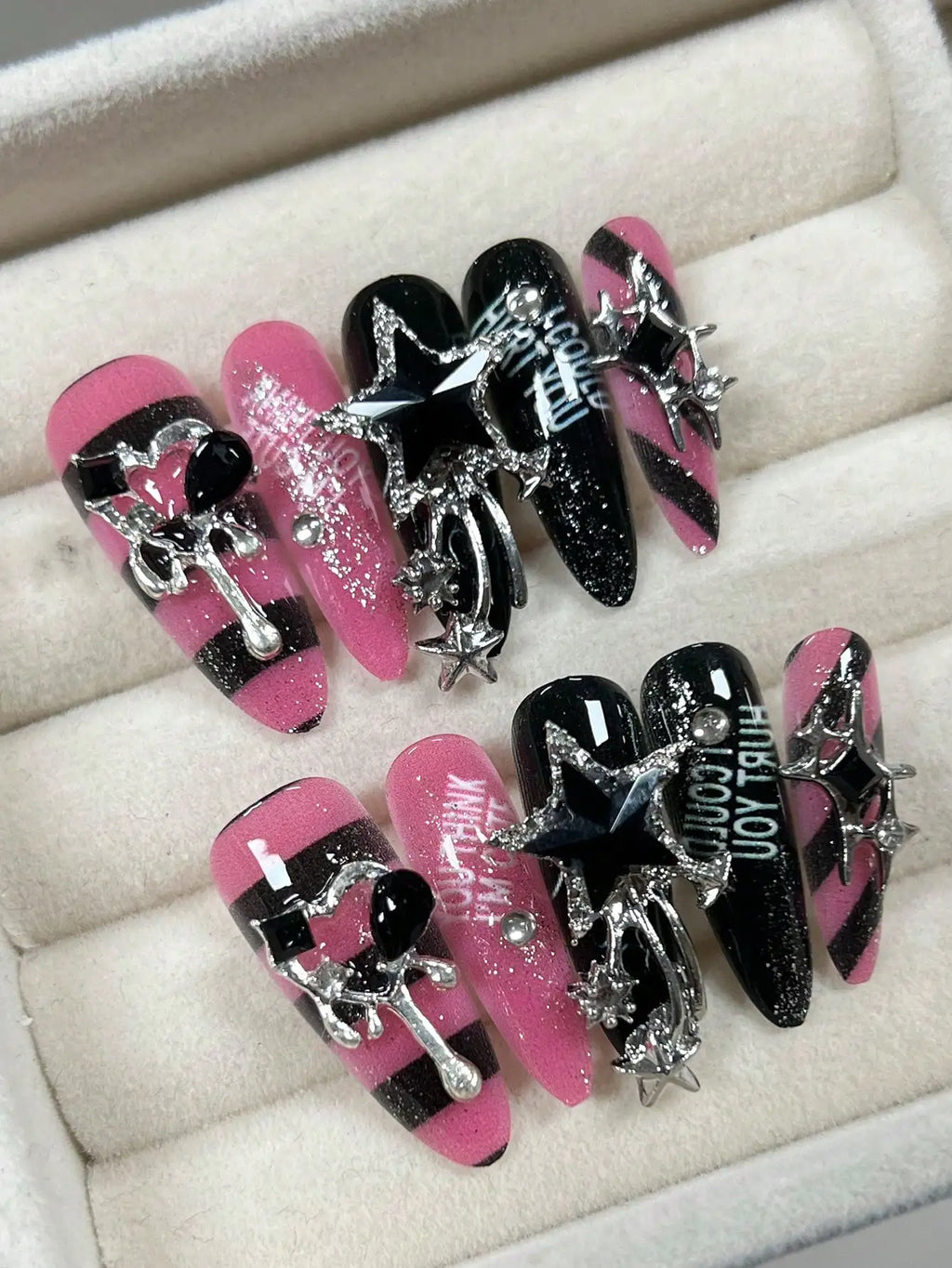 10 Pieces Of Long Water Drop Almond Tip Nails Handmade European And American Hot Girl Striped Nail Art Sequins Fine Glitter
