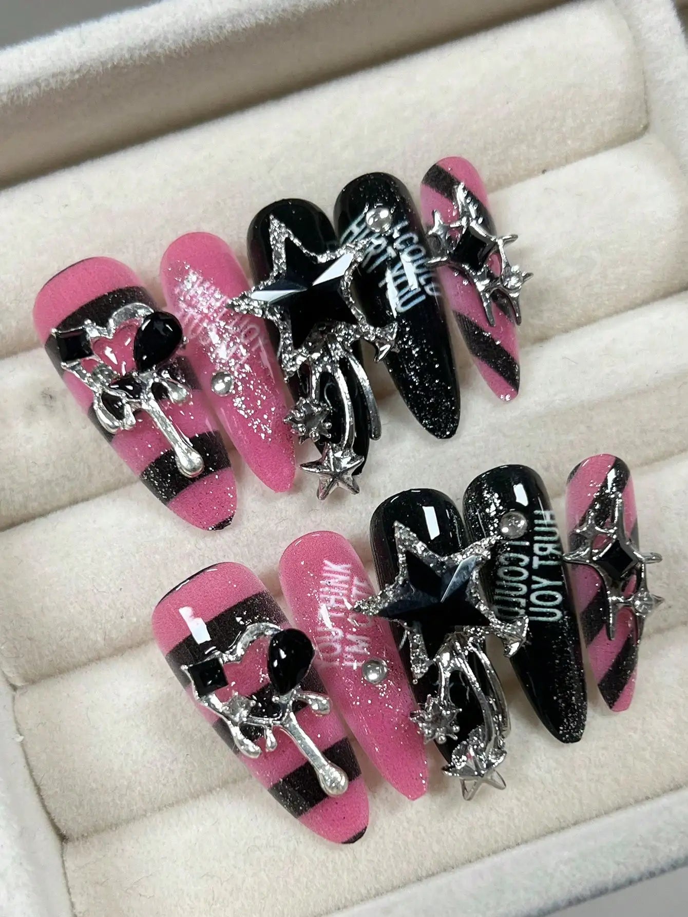 10 Pieces Of Long Water Drop Almond Tip Nails Handmade European And American Hot Girl Striped Nail Art Sequins Fine Glitter
