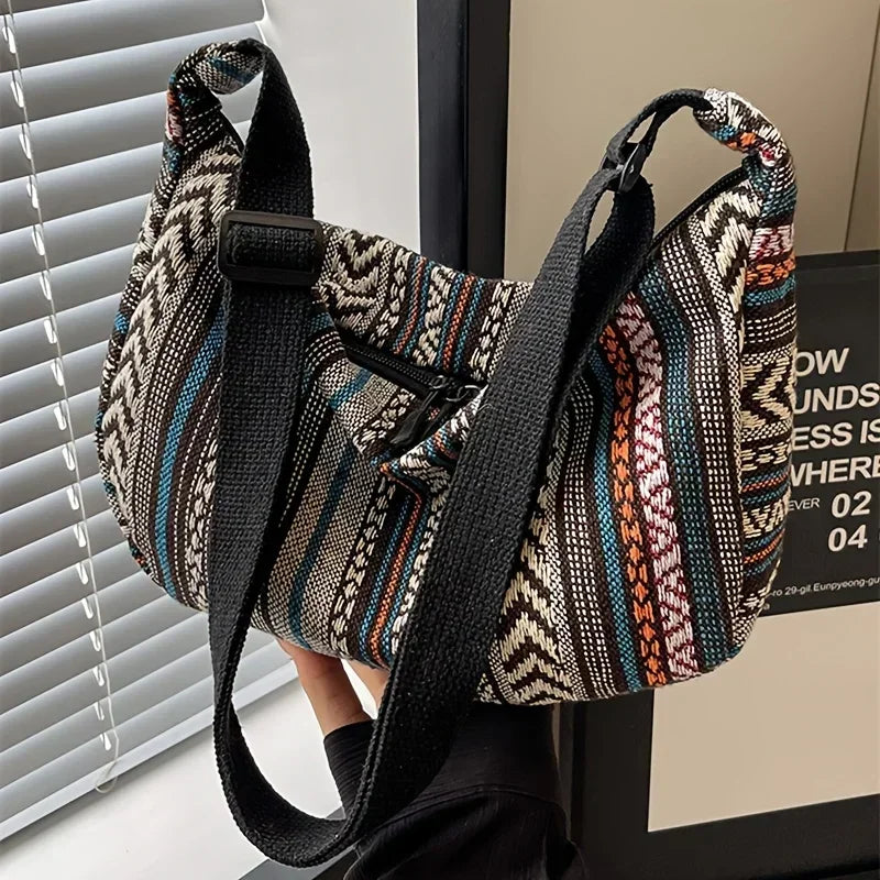 Tribal Style Shoulder Bag, Foldable Crossbody with Zipper Closure, Striped Pattern, Edge Painted Lining