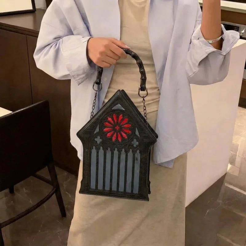 Niche Gothic Chapel Handbag for Women Unique Stained Glass Cathedral Tote Bag Bamboo Crossbody Bag for Dark Grunge Aesthetic