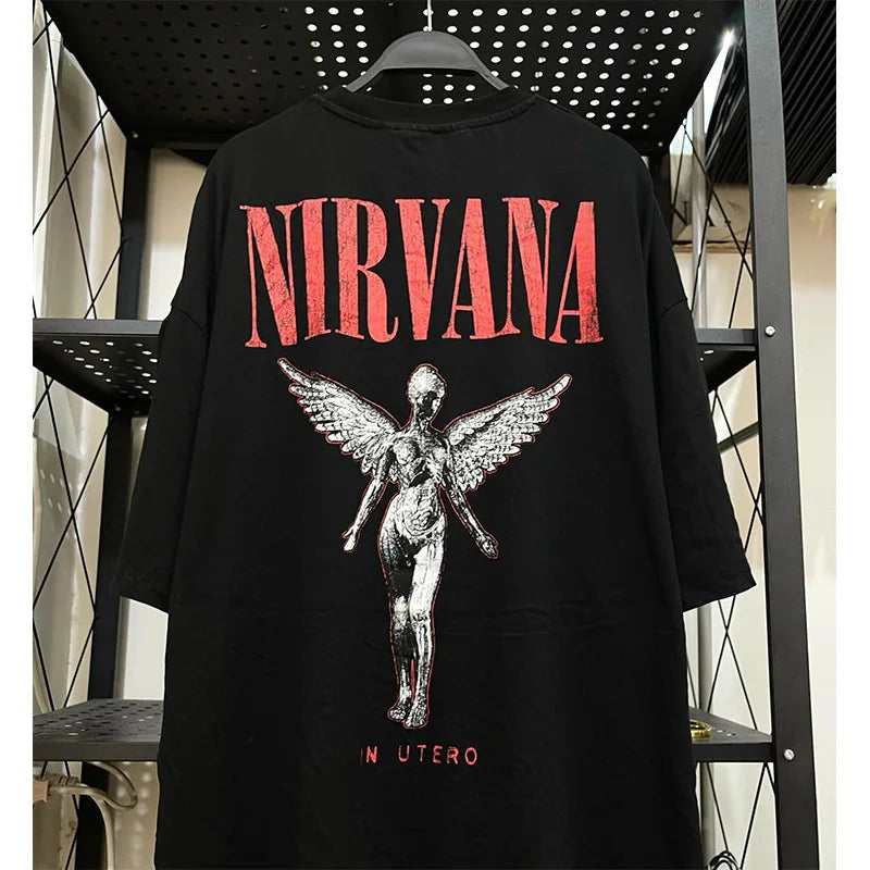 rock band Nirvana Print Men's 100%Cotton shirt Y2k hiphop style Graphic Tshirt Unisex O-neck Short Sleeve Streetwear Women shirt