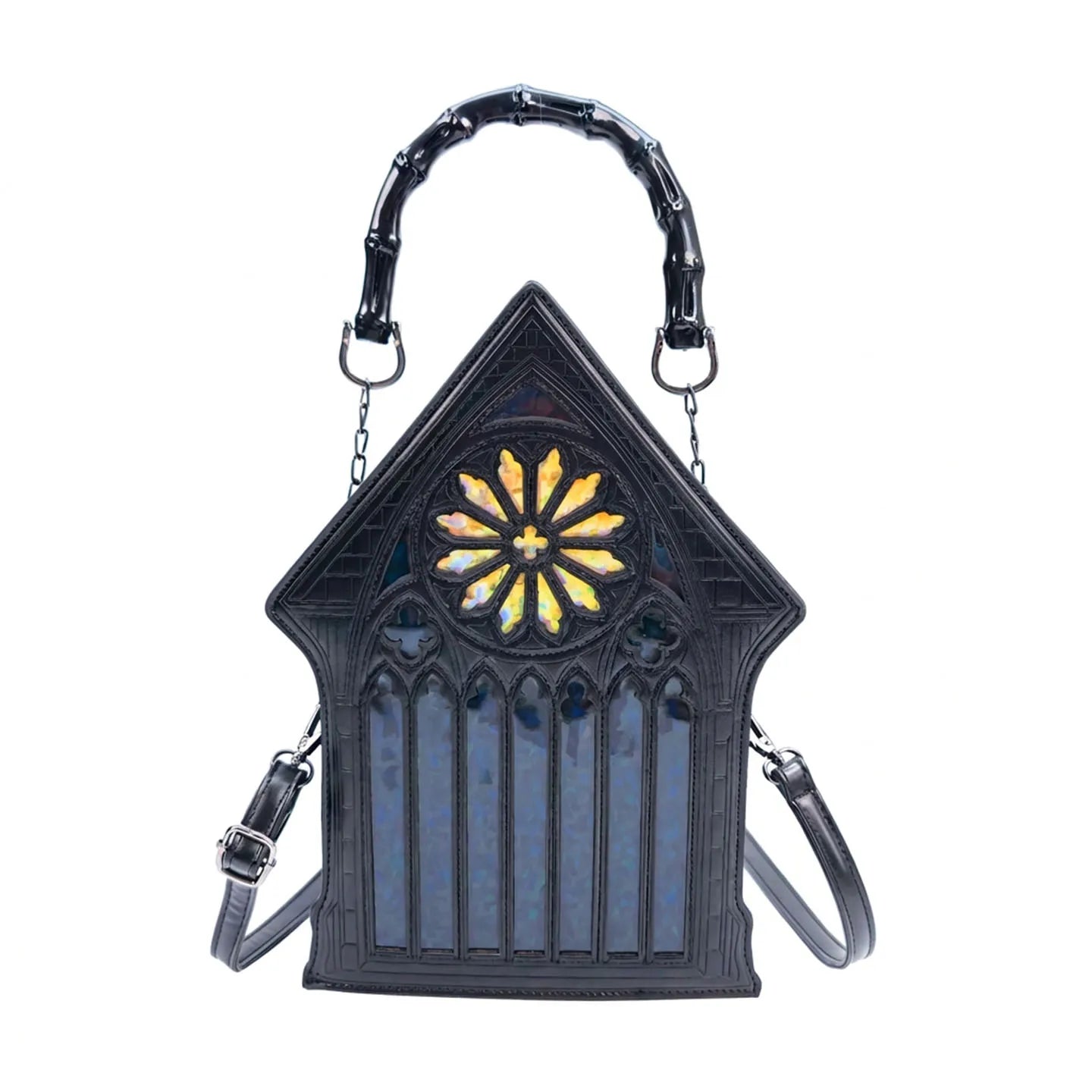 Niche Gothic Chapel Handbag for Women Unique Stained Glass Cathedral Tote Bag Bamboo Crossbody Bag for Dark Grunge Aesthetic