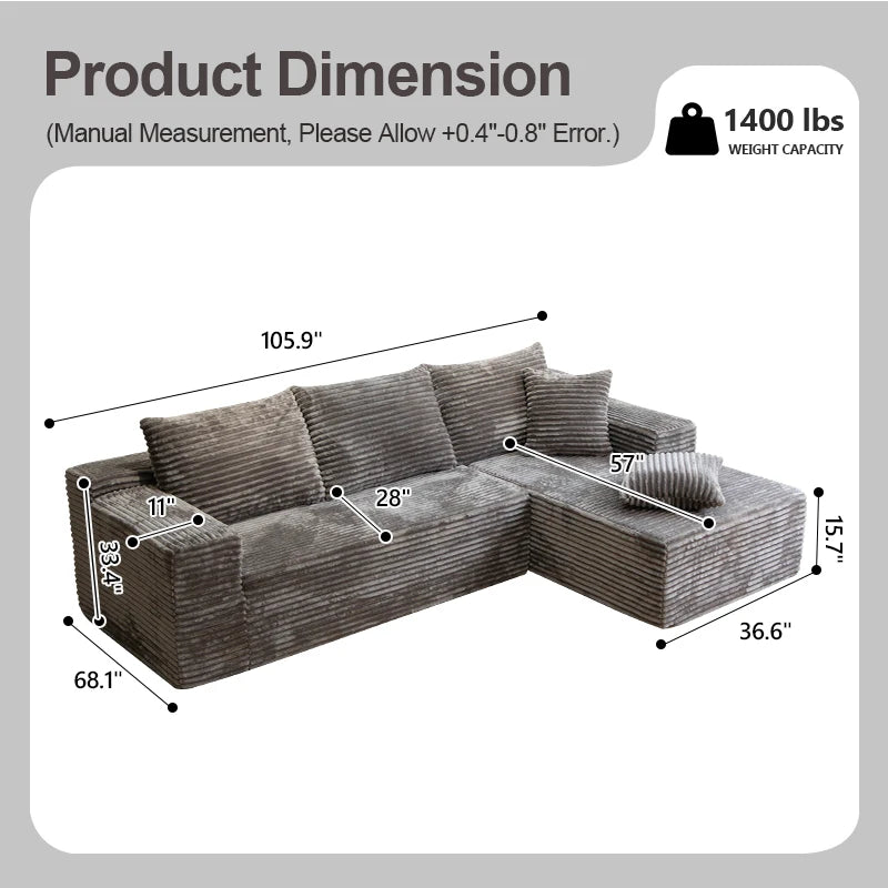 105Inch L-Shaped Living Room Sofa, No Assembly Required, Cozy Corduroy Fabric, Sofa Bed Convertible, Minimalist Deep Seat Design