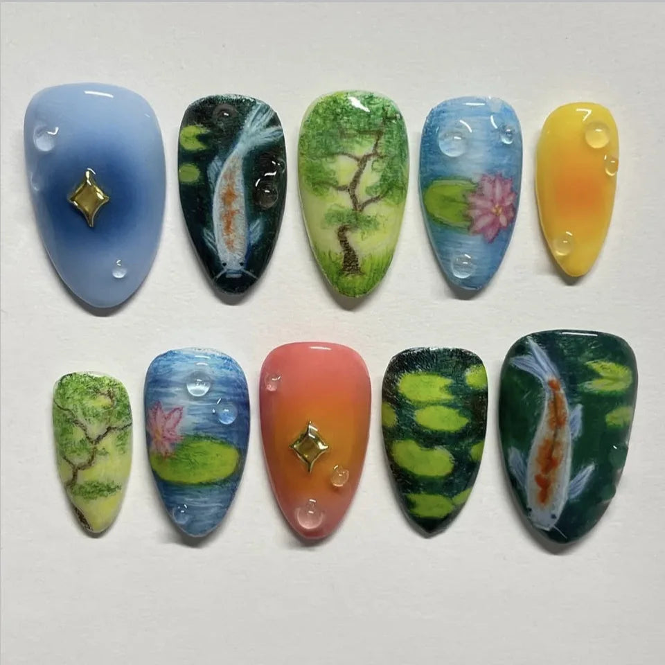 24pcs Vintage Country Style False Nails Cute Cartoon Little Lamb Rabbit Rose Printed Press On Nails Wave Point Bows Fake Nail