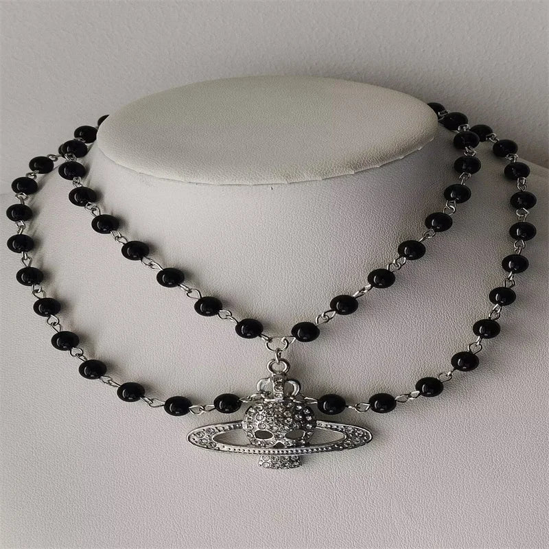 Y2K Crystal Skull Pendant Necklaces Punk Charms Black Beads Necklace Women Chains Choker Goth Jewelry Grunge Accessories