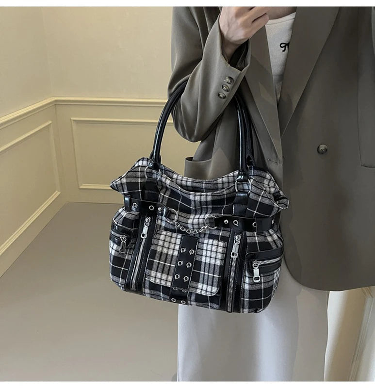 SHELKSBAG Punk Plaid Shoulder Bag Rise Up Gothic Alternative Handcuff Top Handle Tote Women 2025 Trendy New in Crossbody Bags
