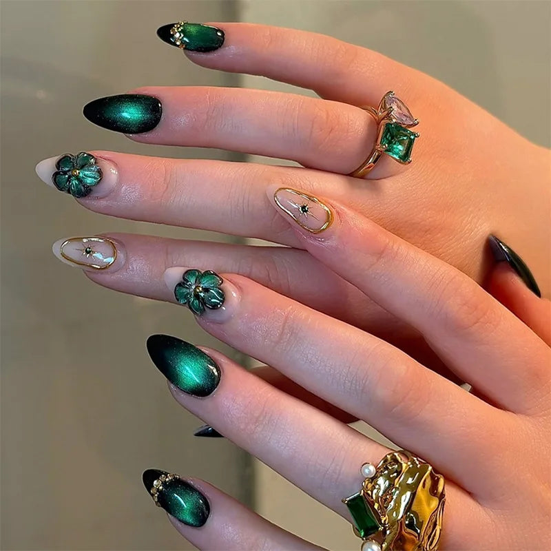 24Pcs False Nails Spicy Girl Silver Bow with Diamond Fake Nails with Glue Almond Press on Nails Black Cool Y2k Almond Nail Set