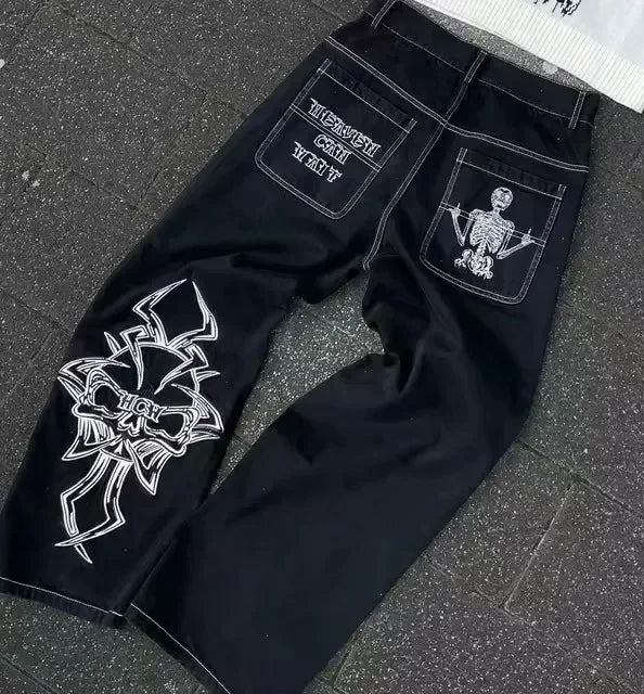 American Retro Y2K Rhinestone Lace Pocket Jeans Womens Low Waist Worn Baggy Jeans Fashionable Casual Wide Leg Trousers