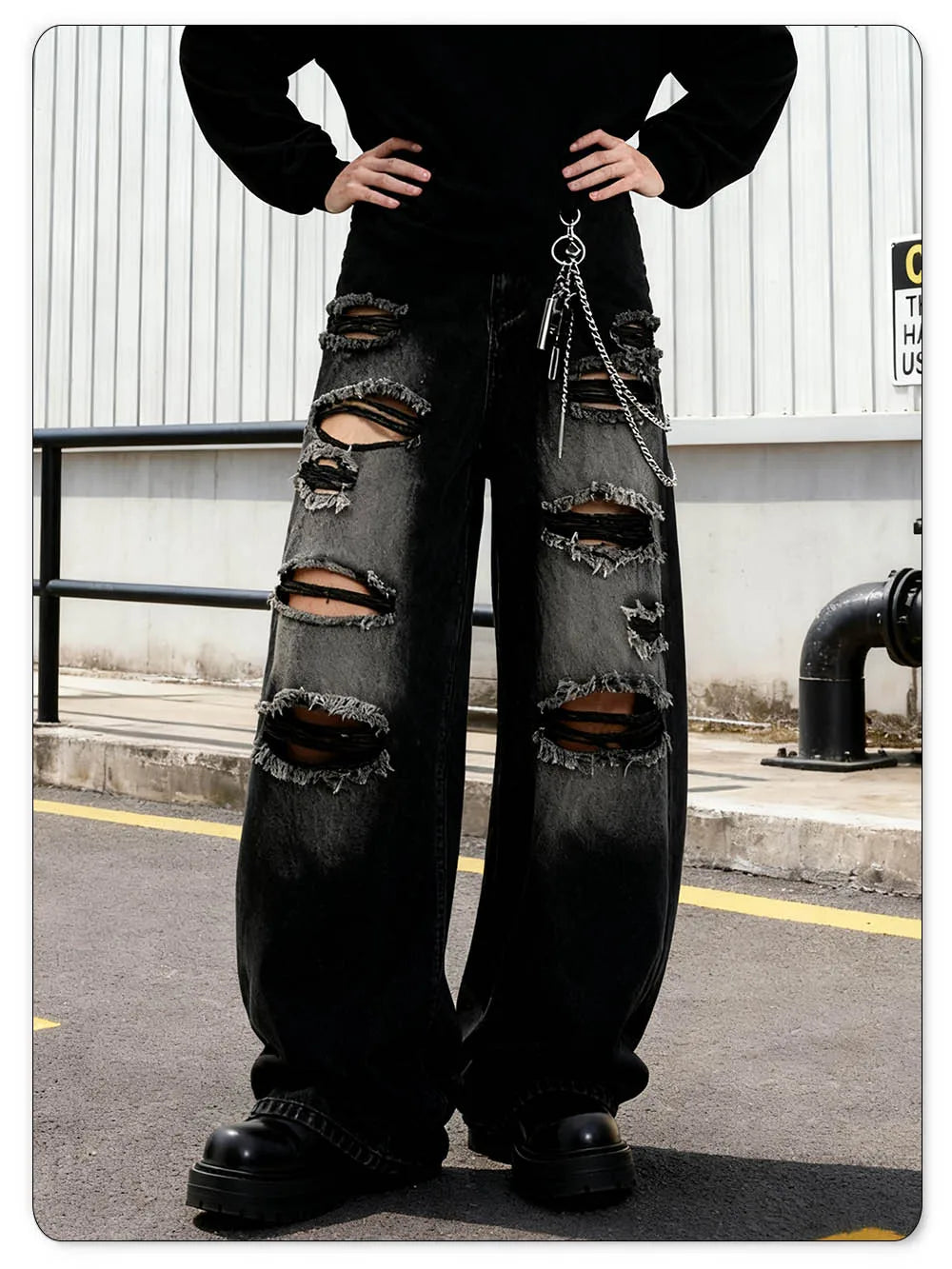 American Street Retro Men's Black Baggy Wide Leg Ripped Jeans Gothic Tear Style Unisex Loose Straight Leg Denim Pants Clothes