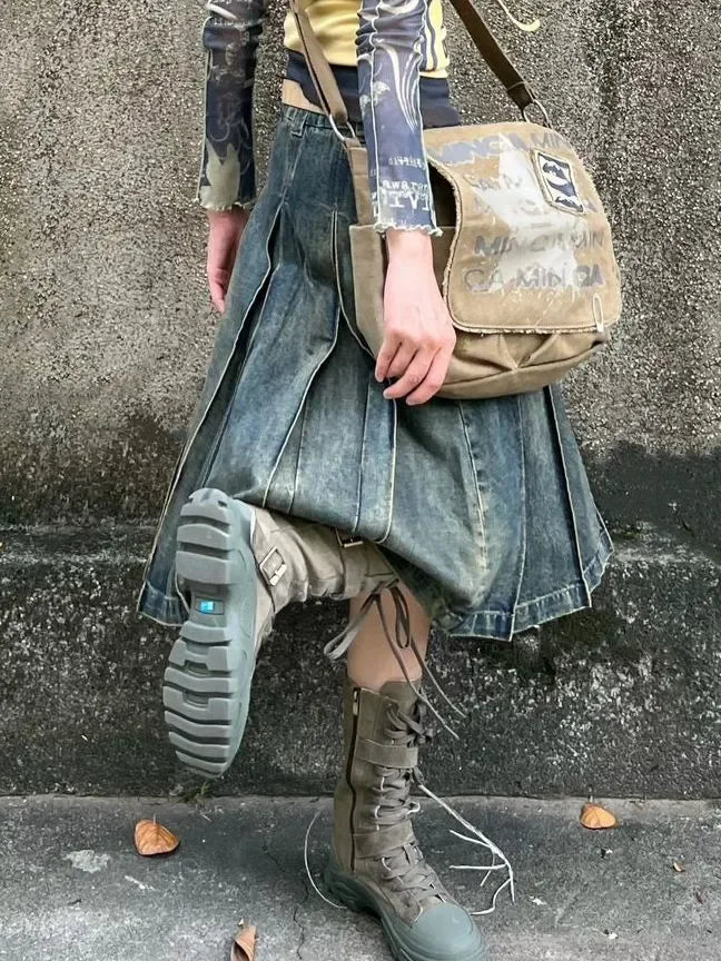 American Style Gothic Denim Skirts Women Streetwear Y2k High Waisted Vintage A- Line Middle Long Dress Trendy Fashionable Skirts