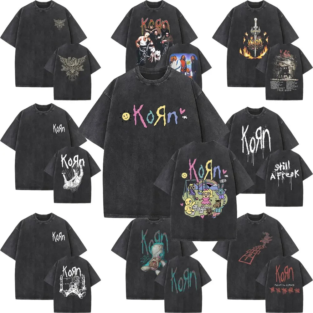 Rock Band Korn Ftl 25 Follow The Leader Double Sided Print T Shirt Men Gothic Casual Oversized Tees Unisex Washed Vintage Tshirt