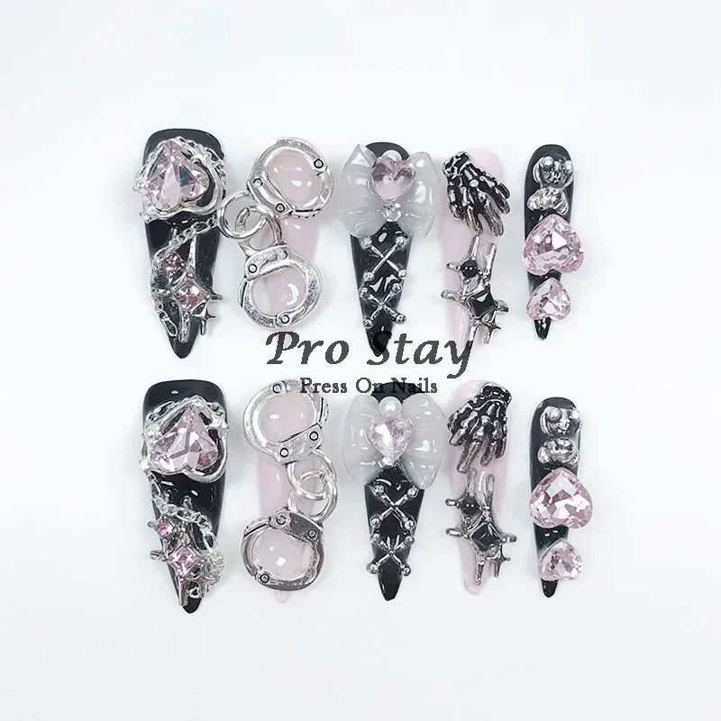 10pcs Dark black Y2k Hot Girl Handmade Press On Nails Sweet Cool  With Diamond Metal Decoration Wearable Artificial False Nail