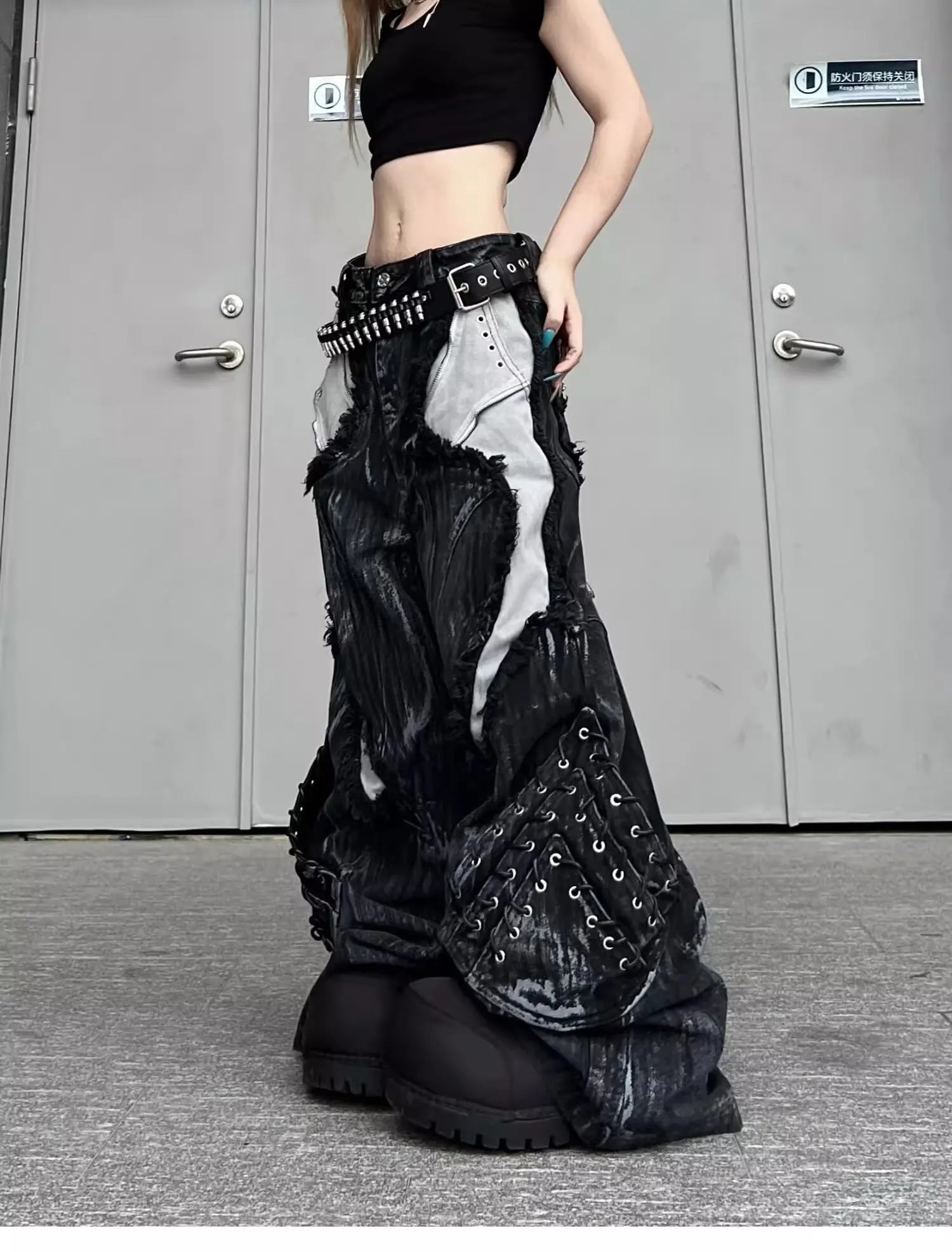 Vintage Patchwork Distressed Jeans Hip Hop Loose Wide Leg Cargo Pants Women's Washed Distressed Denim Trousers