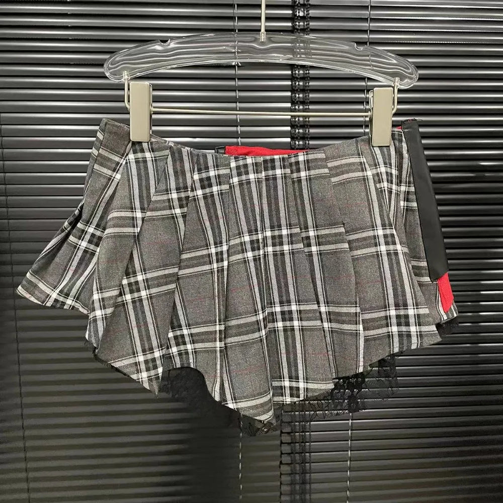 FLARORA Fashion Y2k Patchwork Plaid Design Skirts Woman High Waist Zip Pocket Mini Pleated Skirt Trendy Female Street Bottoms