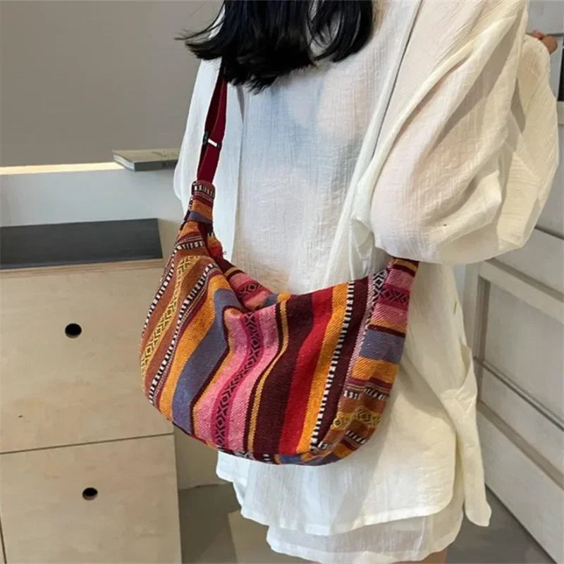 Tribal Style Shoulder Bag, Foldable Crossbody with Zipper Closure, Striped Pattern, Edge Painted Lining