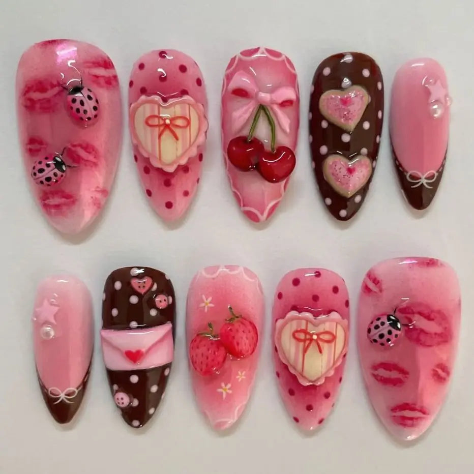 24pcs Vintage Country Style False Nails Cute Cartoon Little Lamb Rabbit Rose Printed Press On Nails Wave Point Bows Fake Nail
