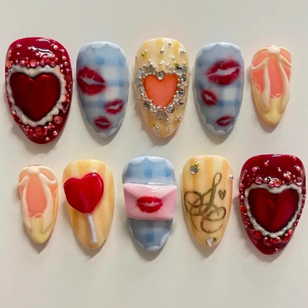 24pcs Vintage Country Style False Nails Cute Cartoon Little Lamb Rabbit Rose Printed Press On Nails Wave Point Bows Fake Nail