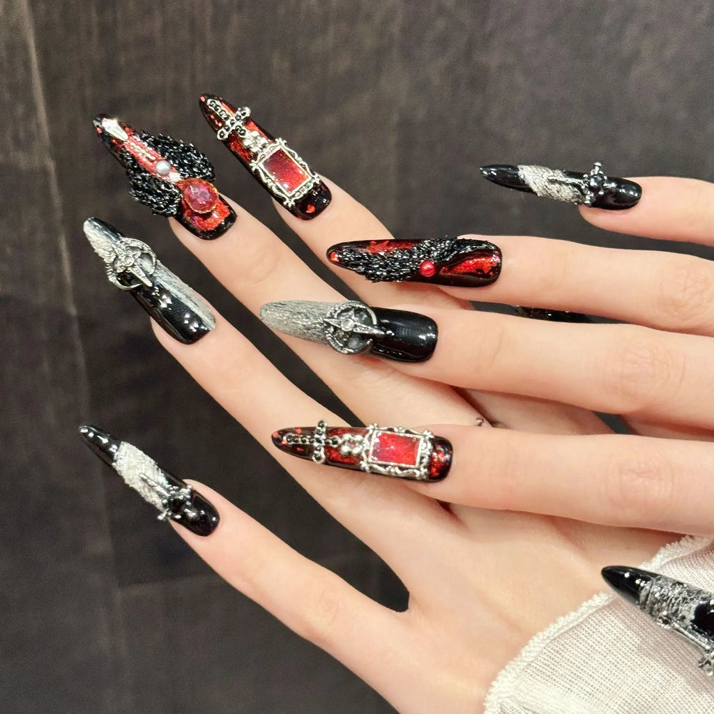 10PCS Stiletto Handmade Press On Nails,Skeleton Cross Heavy Metal Niche Punk,Suitable For Festivals Parties And Daily Wear