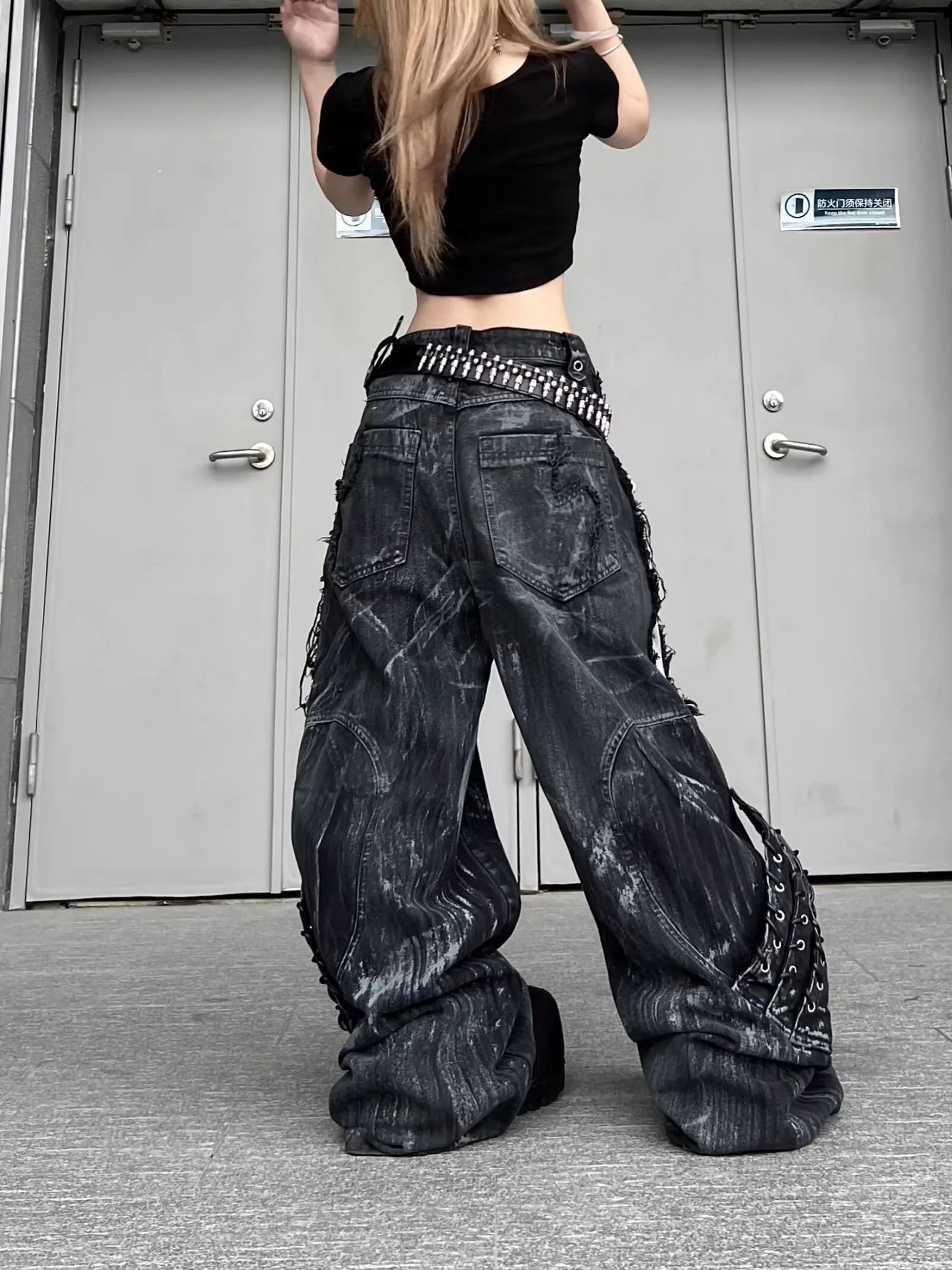 Vintage Patchwork Distressed Jeans Hip Hop Loose Wide Leg Cargo Pants Women's Washed Distressed Denim Trousers