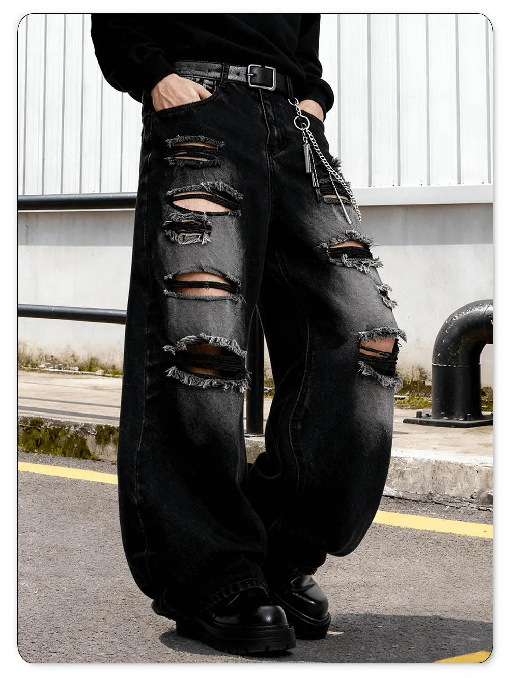 American Street Retro Men's Black Baggy Wide Leg Ripped Jeans Gothic Tear Style Unisex Loose Straight Leg Denim Pants Clothes