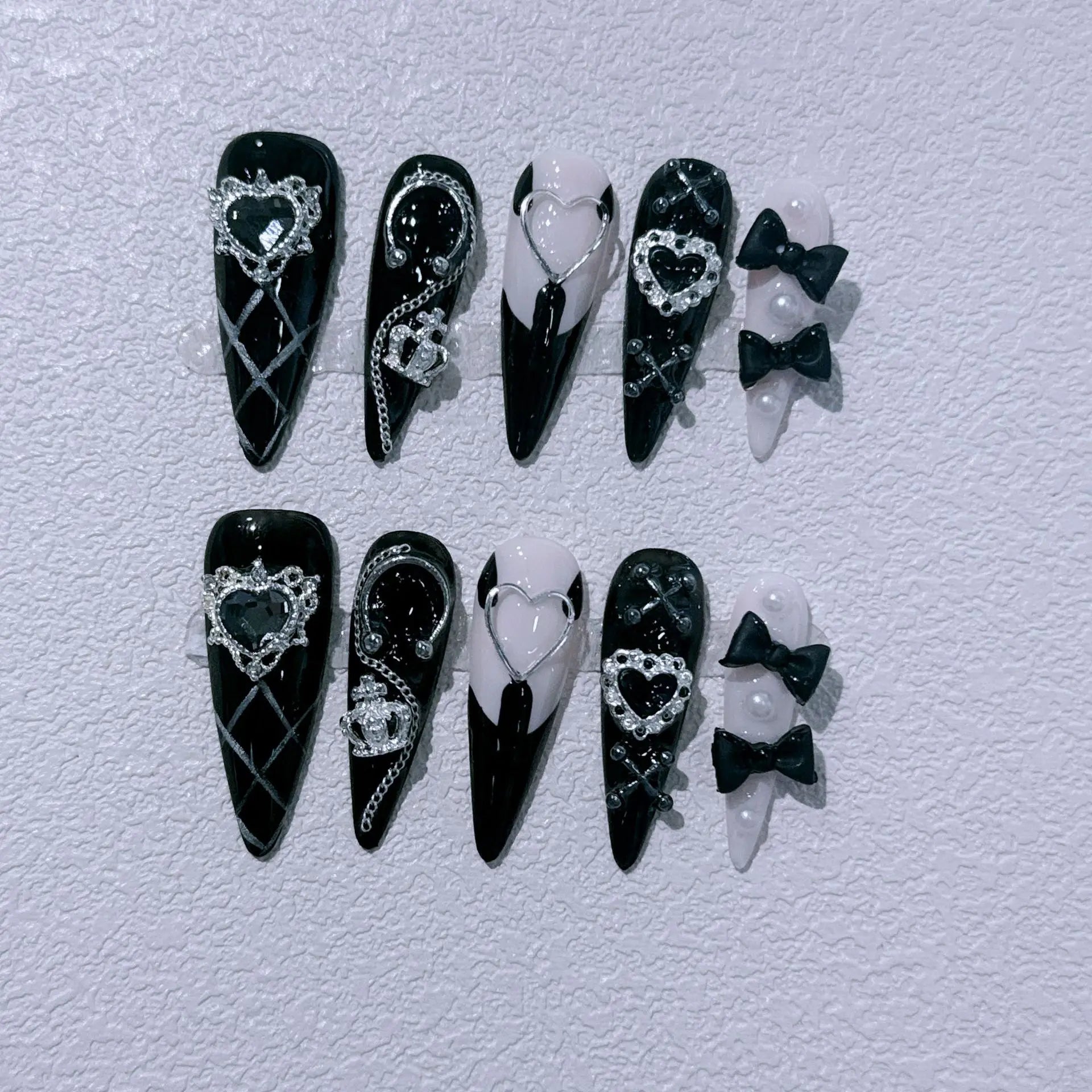 Long Stiletto Press on Fake Nails Blue Heart Diamond Bow Decoration False Nail Y2K Fashion Artificial Nail Handmade Acrylic Nail