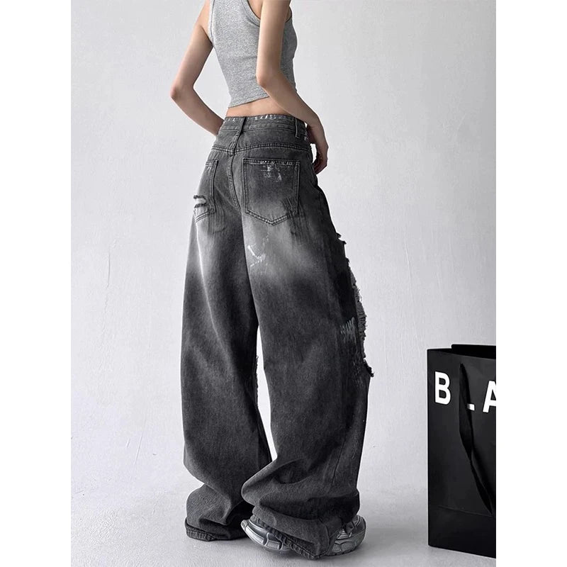 ZHIZOU Summer Women Jean Baggy Wide Fit Ripped Denim Pants Grunge Punk Y2K Hole Japanese Harajuku 2000s American Retro Boyfriend