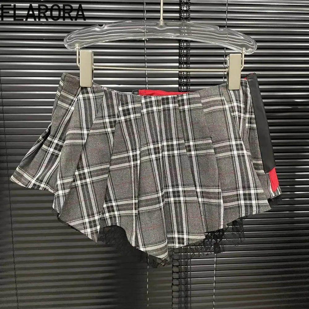 FLARORA Fashion Y2k Patchwork Plaid Design Skirts Woman High Waist Zip Pocket Mini Pleated Skirt Trendy Female Street Bottoms