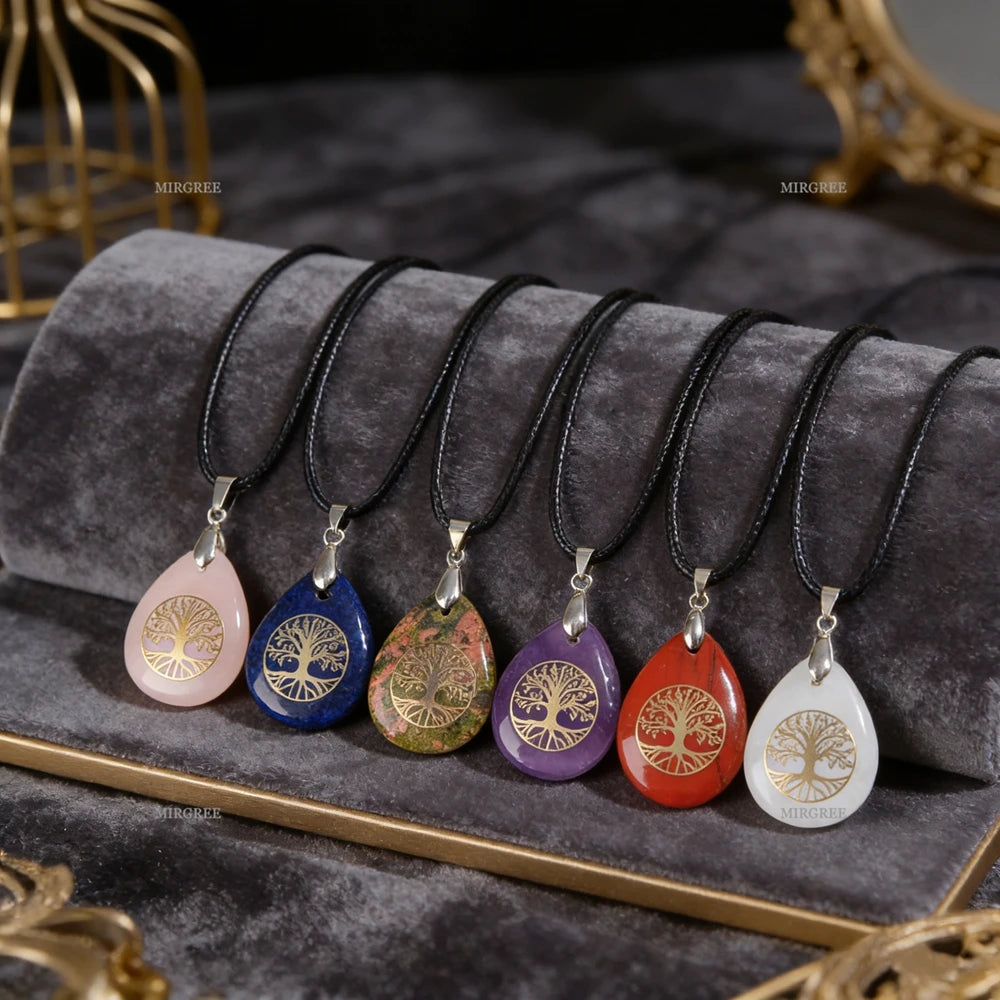 1pc Natural Gemstone Tree of Life Water Drop Pendant Necklace Spiritual Jewelry Birthday and Holiday Gift Jewelry