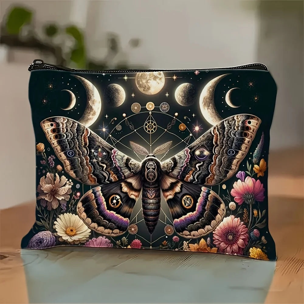 Gothic Moth Witchy Vibes Celestial Makeup Bag Durable Not Fade Zipper Pouch Lightweight Floral Sun and Moon Cosmetic Travel Bag